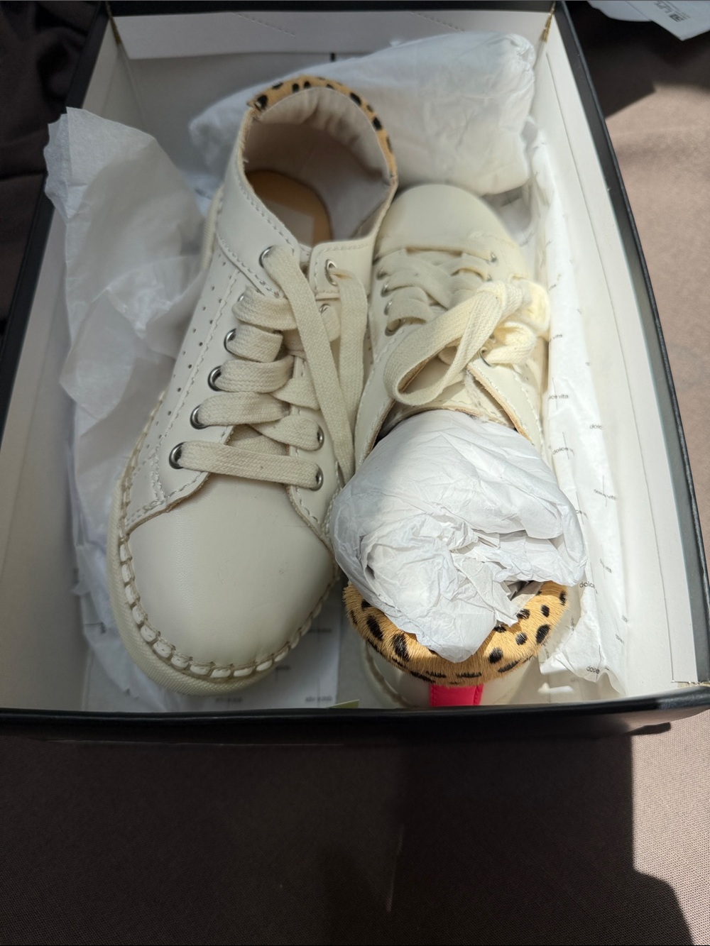 Dolce Vita Off White Tennies: Fibre, Neon Pink Heel Stripe, Animal Print Trim